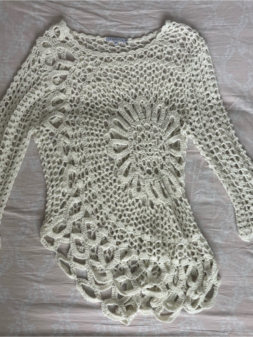 Tempo Paris Cream Crochet Scoop Neck Sweater